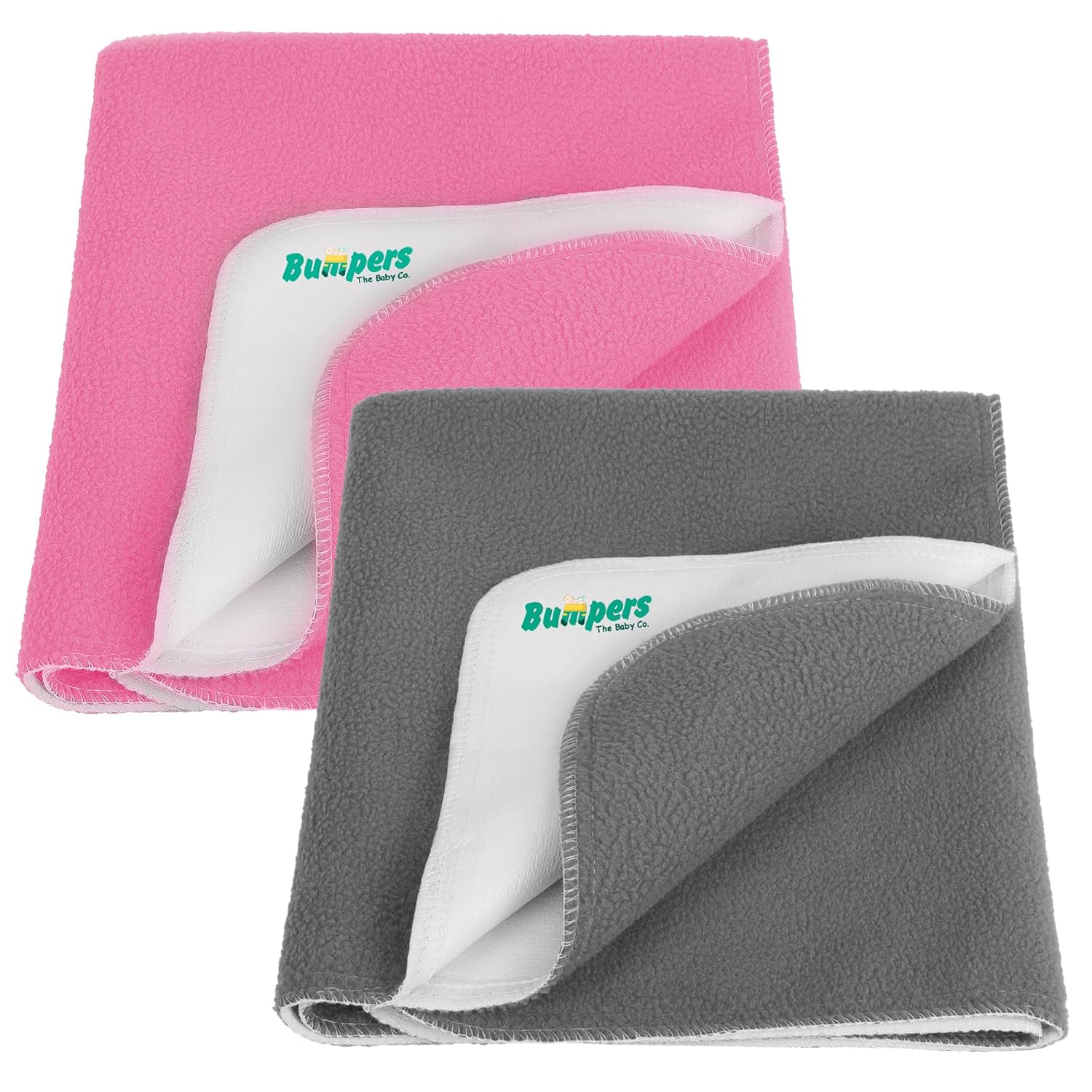 The Baby Co. Anti-Piling Interlock Quick Dry & Absorbent Sheet Polycotton Baby Bed Protecting Waterproof Mat(Grey+Pink, Small, Pack of 2) - Bumpers