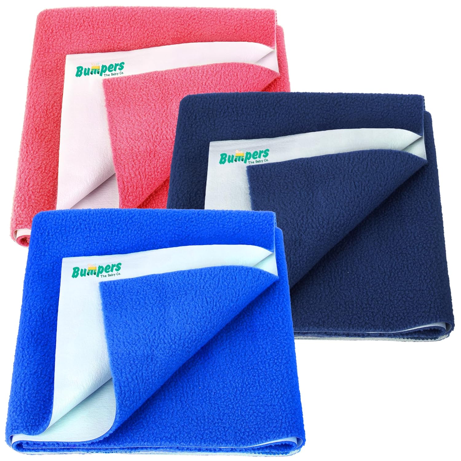 Bumpers Anti-Piling Quick Dry & Absorbent Sheet Polycotton Baby Bed Protecting Waterproof Mat (Royal Blue, Dark Blue, Salmon Rose, Small (70 x 50cm), Pack of 3) - Bumpers