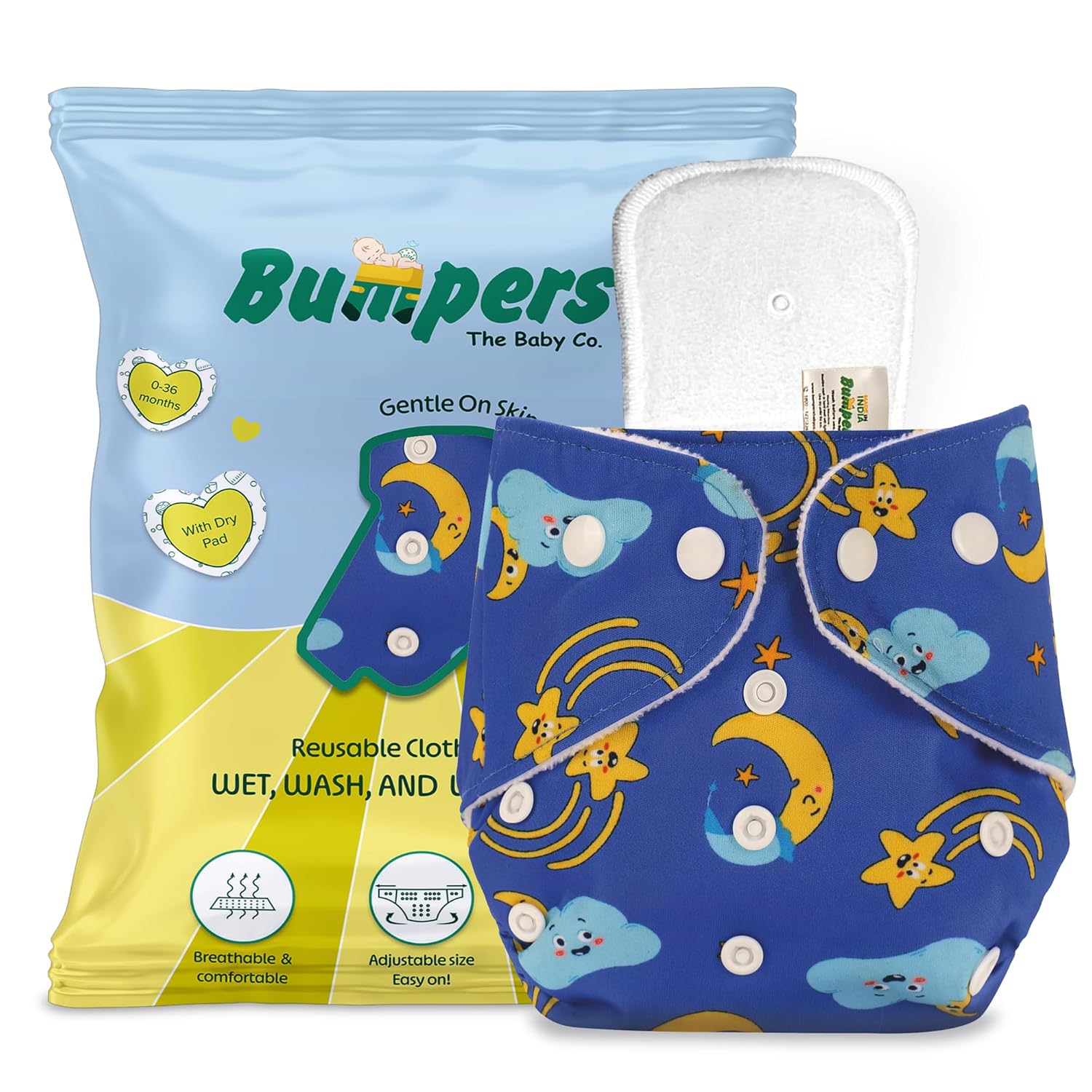 Extra Absorbant, Reusable, Organic, Waterproof & Adjustable cloth diaper for babies/Kids | Free size - Bumpers
