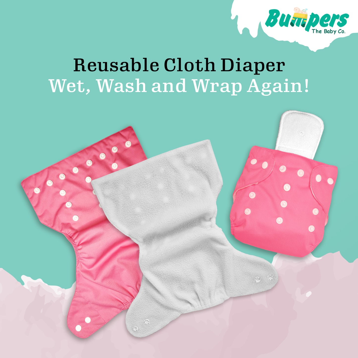 Baby Reusable Cloth Diaper with Insert Pad | Leak-Proof, Super Absorbent & Ultra Soft | Washable | Prevent Rashes | Free size | Pack of 1, Pink - Bumpers