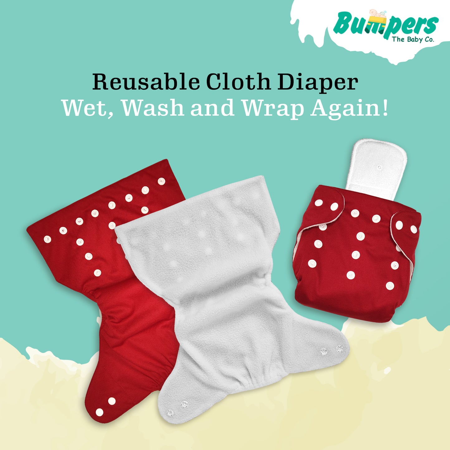 Bumper Baby Reusable Cloth Diaper with Insert Pad | Leak-Proof, Super Absorbent & Ultra Soft | Adjustable & Washable Cloth Diaper | Prevent Rashes | Freesize 5-17Kg | (3M-3Y), Pack Of 1, Red
