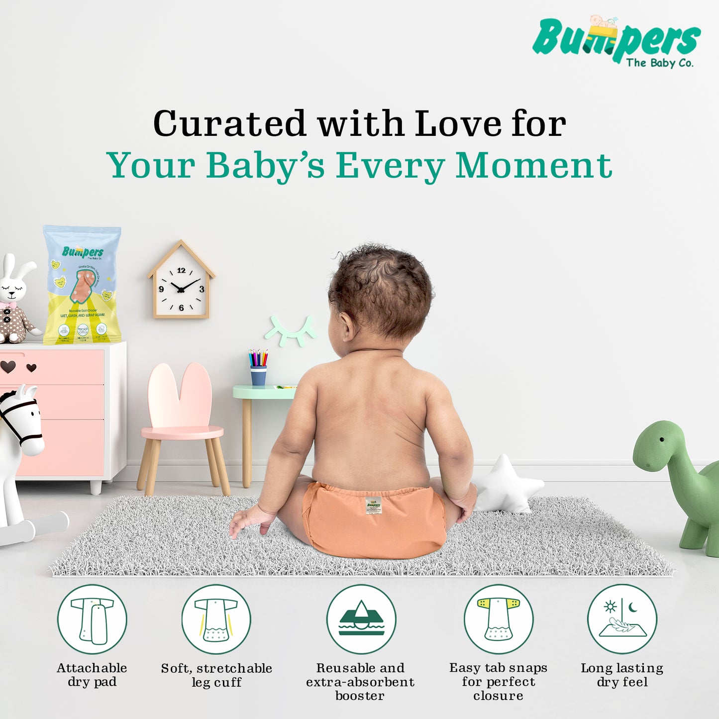Baby Reusable Cloth Diaper with Insert Pad | Leak-Proof, Super Absorbent & Ultra Soft | Adjustable & Washable Cloth Diaper | Prevent Rashes | Free size 5-17Kg | (3M-3Y), Pack Of 1, Orange - Bumpers