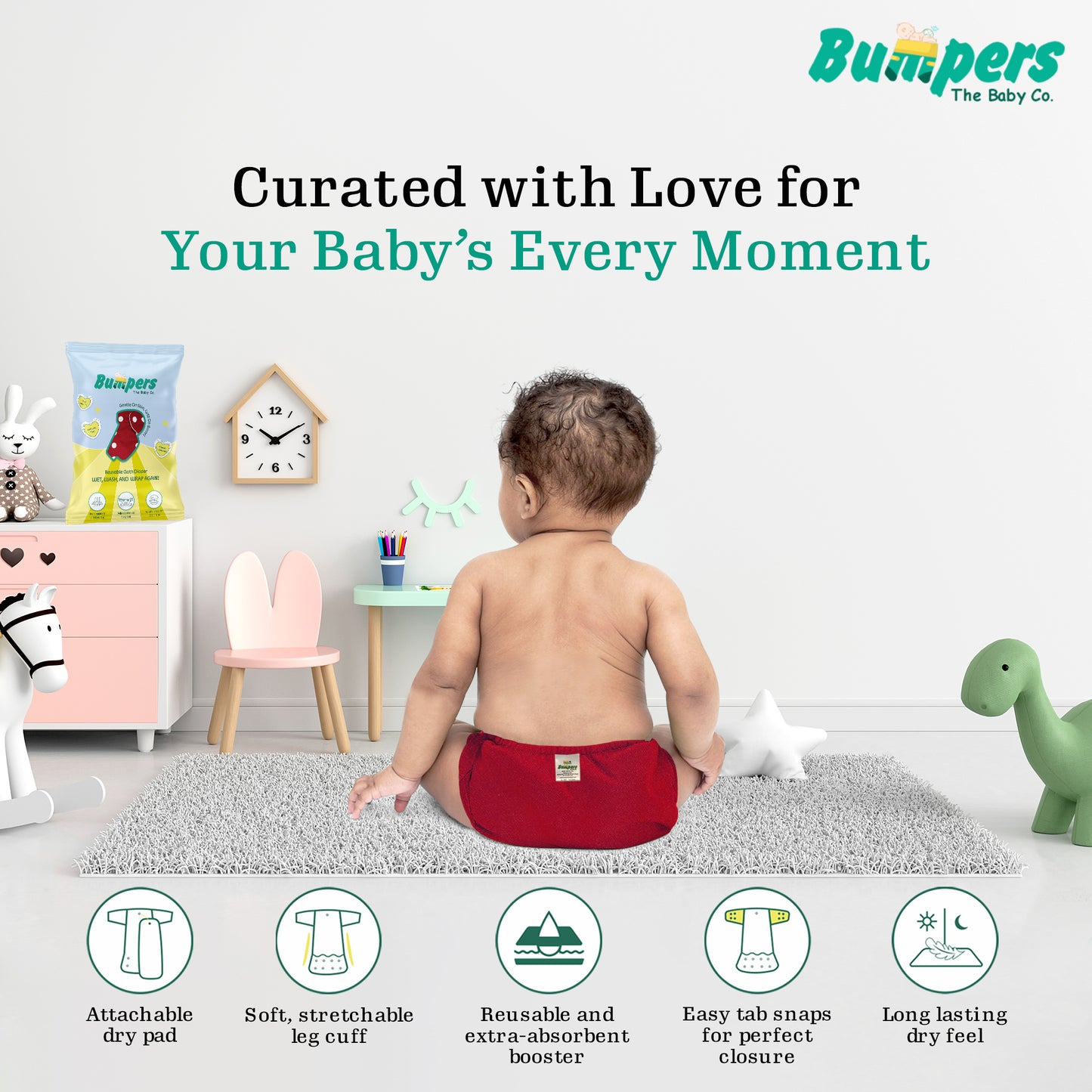 Bumper Baby Reusable Cloth Diaper with Insert Pad | Leak-Proof, Super Absorbent & Ultra Soft | Adjustable & Washable Cloth Diaper | Prevent Rashes | Freesize 5-17Kg | (3M-3Y), Pack Of 1, Red