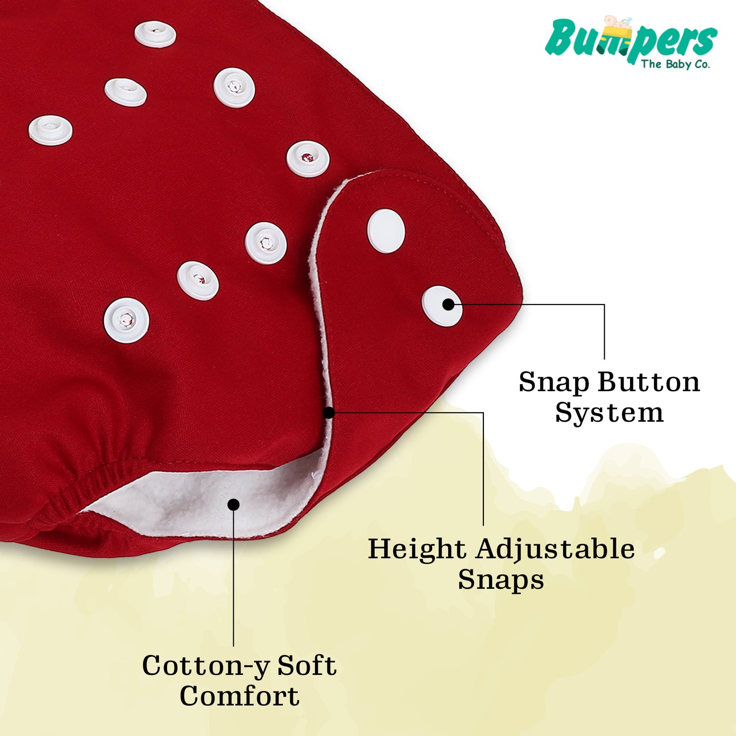 Bumper Baby Reusable Cloth Diaper with Insert Pad | Leak-Proof, Super Absorbent & Ultra Soft | Adjustable & Washable Cloth Diaper | Prevent Rashes | Freesize 5-17Kg | (3M-3Y), Pack Of 1, Red