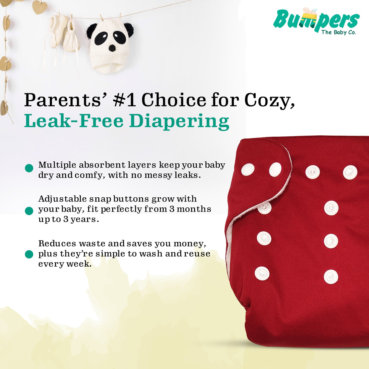 Bumper Baby Reusable Cloth Diaper with Insert Pad | Leak-Proof, Super Absorbent & Ultra Soft | Adjustable & Washable Cloth Diaper | Prevent Rashes | Freesize 5-17Kg | (3M-3Y), Pack Of 1, Red