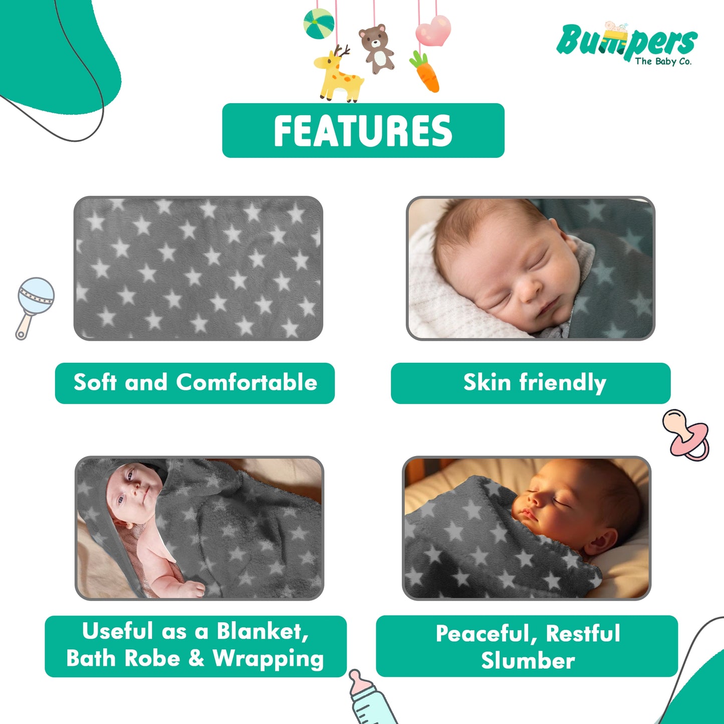 Bumpers Baby Fleece Blanket |Grey, Pack of 1
