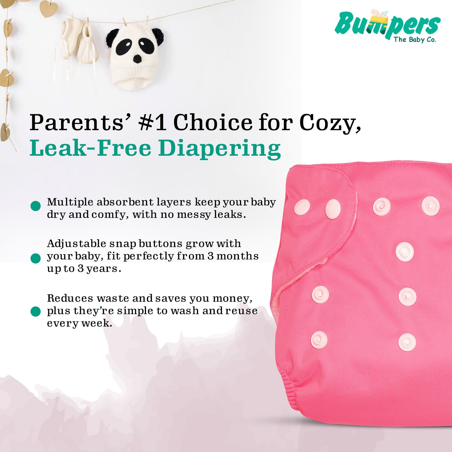 Baby Reusable Cloth Diaper with Insert Pad | Leak-Proof, Super Absorbent & Ultra Soft | Washable | Prevent Rashes | Free size | Pack of 1, Pink - Bumpers