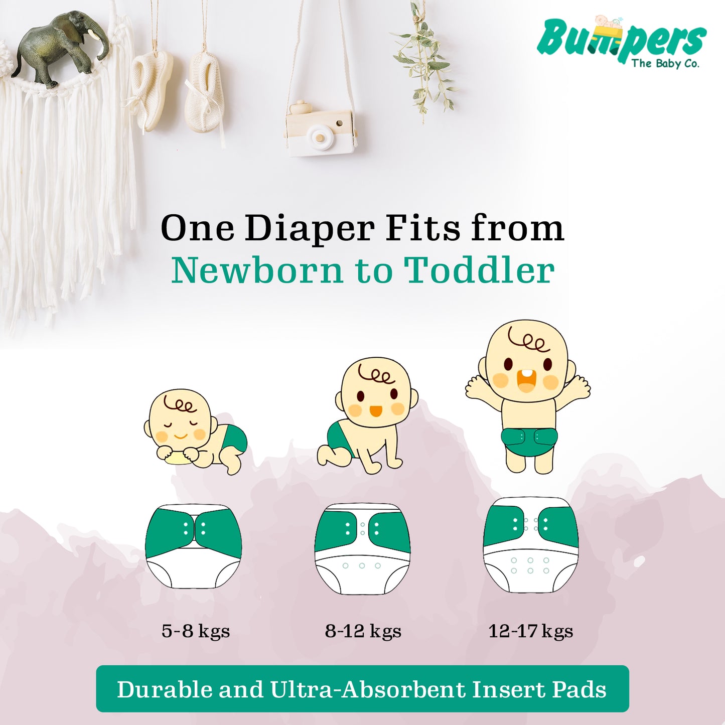 Baby Reusable Cloth Diaper with Insert Pad | Leak-Proof, Super Absorbent & Ultra Soft | Washable | Prevent Rashes | Free size | Pack of 1, Pink - Bumpers