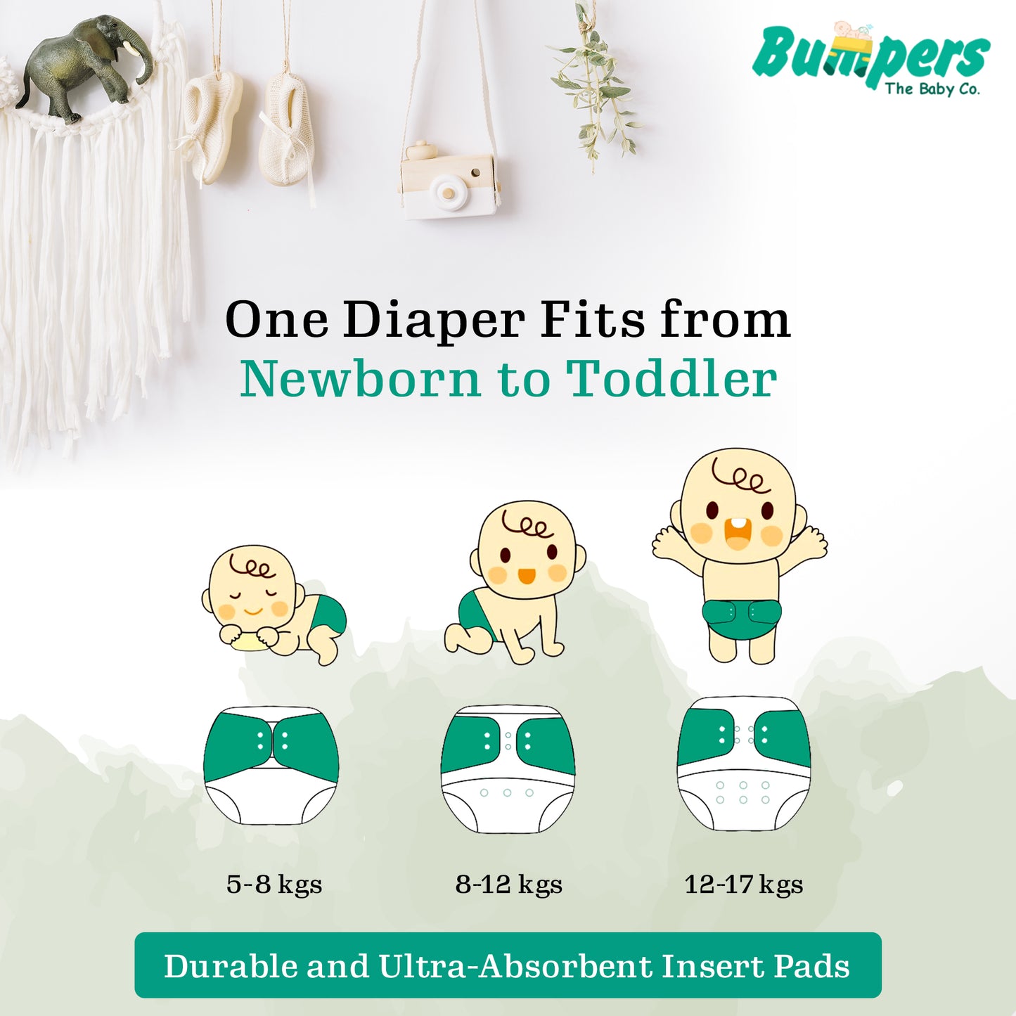 Baby Reusable Cloth Diaper with Insert Pad | Leak-Proof, Super Absorbent & Ultra Soft | Adjustable & Washable Cloth Diaper | Prevent Rashes | Free size 5-17Kg | (3M-3Y), Pack Of 1, Orange - Bumpers
