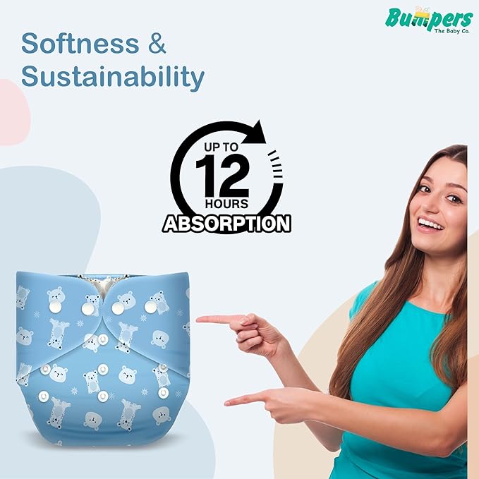 Organic Cotton Diaper |Extra Absorbant, Reusable, Waterproof & Adjustable cloth diaper, Free size - Bumpers
