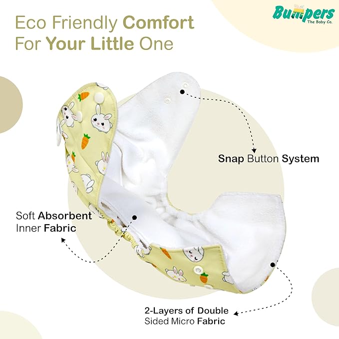 Cotton Diaper| Extra Absorbant, Reusable, Waterproof & Adjustable cloth diaper, Free size - Bumpers