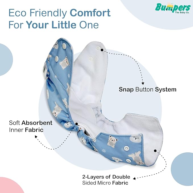 Ultra Soft Organic Cotton Diaper|Extra Absorbant, Reusable, Waterproof & Adjustable cloth diaper for babies/Kids (Combo, Free size, Sea Blue+Yellow) - Bumpers