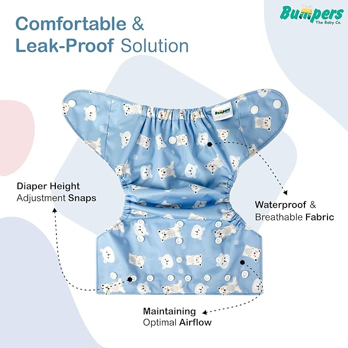 Ultra Soft Organic Cotton Diaper|Extra Absorbant, Reusable, Waterproof & Adjustable cloth diaper for babies/Kids (Combo, Free size, Sea Blue+Yellow) - Bumpers