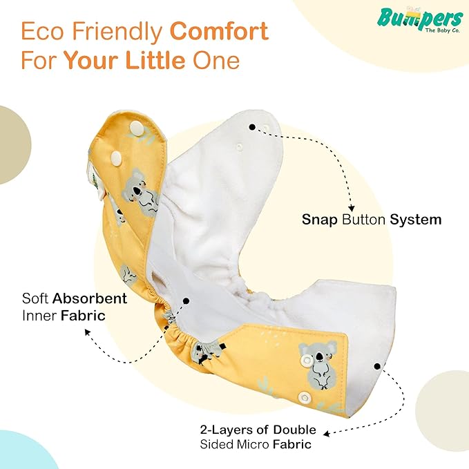 Extra Absorbant, Reusable, Organic, Waterproof & Adjustable cloth diaper for babies/Kids |Free size - Bumpers