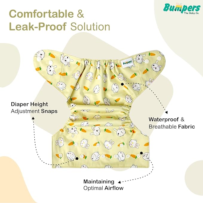 Extra Absorbant, Reusable, Organic, Waterproof & Adjustable cloth diaper for babies/Kids | Free size (Beige + Yellow) - Bumpers