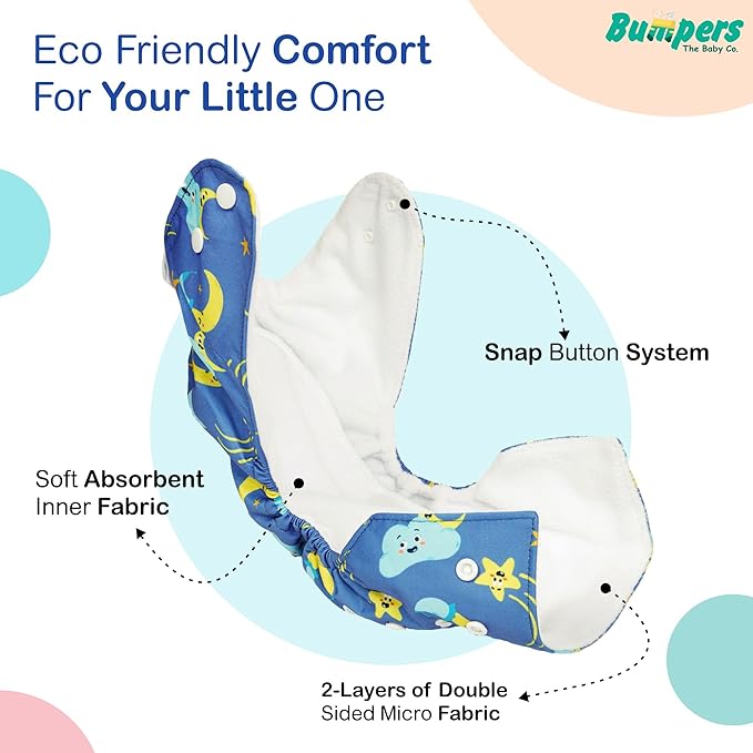 Extra Absorbant, Reusable, Organic, Waterproof & Adjustable cloth diaper for babies/Kids | Free size - Bumpers