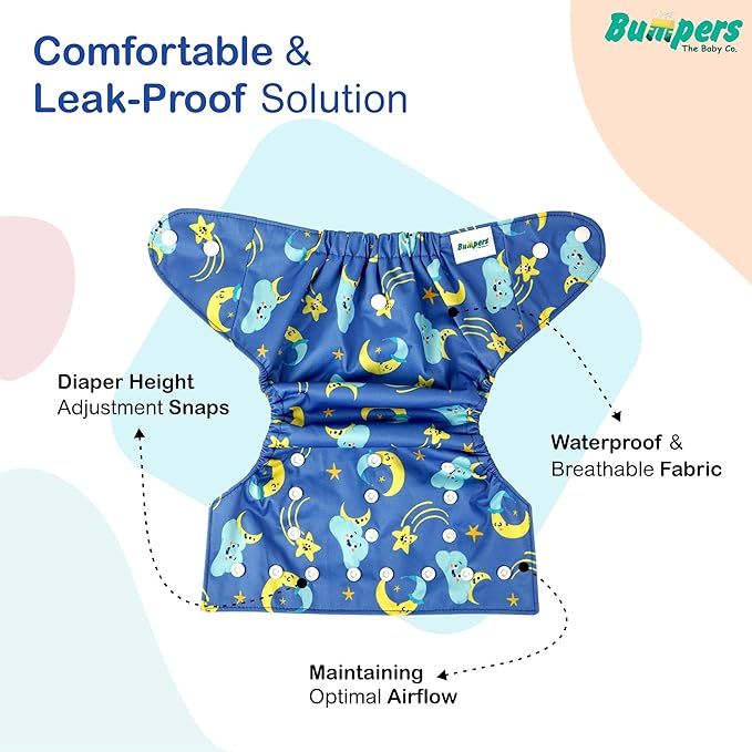 Extra Absorbant, Reusable, Organic, Waterproof & Adjustable cloth diaper for babies/Kids | Free size - Bumpers