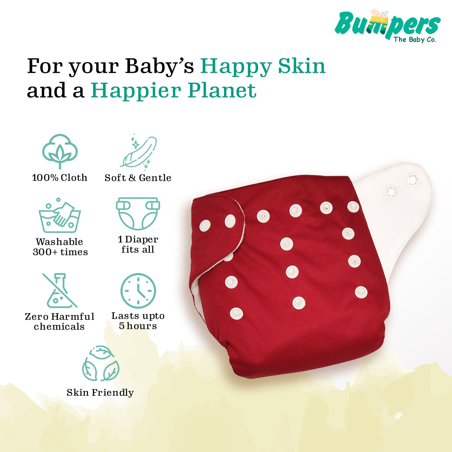 Bumper Baby Reusable Cloth Diaper with Insert Pad | Leak-Proof, Super Absorbent & Ultra Soft | Adjustable & Washable Cloth Diaper | Prevent Rashes | Freesize 5-17Kg | (3M-3Y), Pack Of 1, Red
