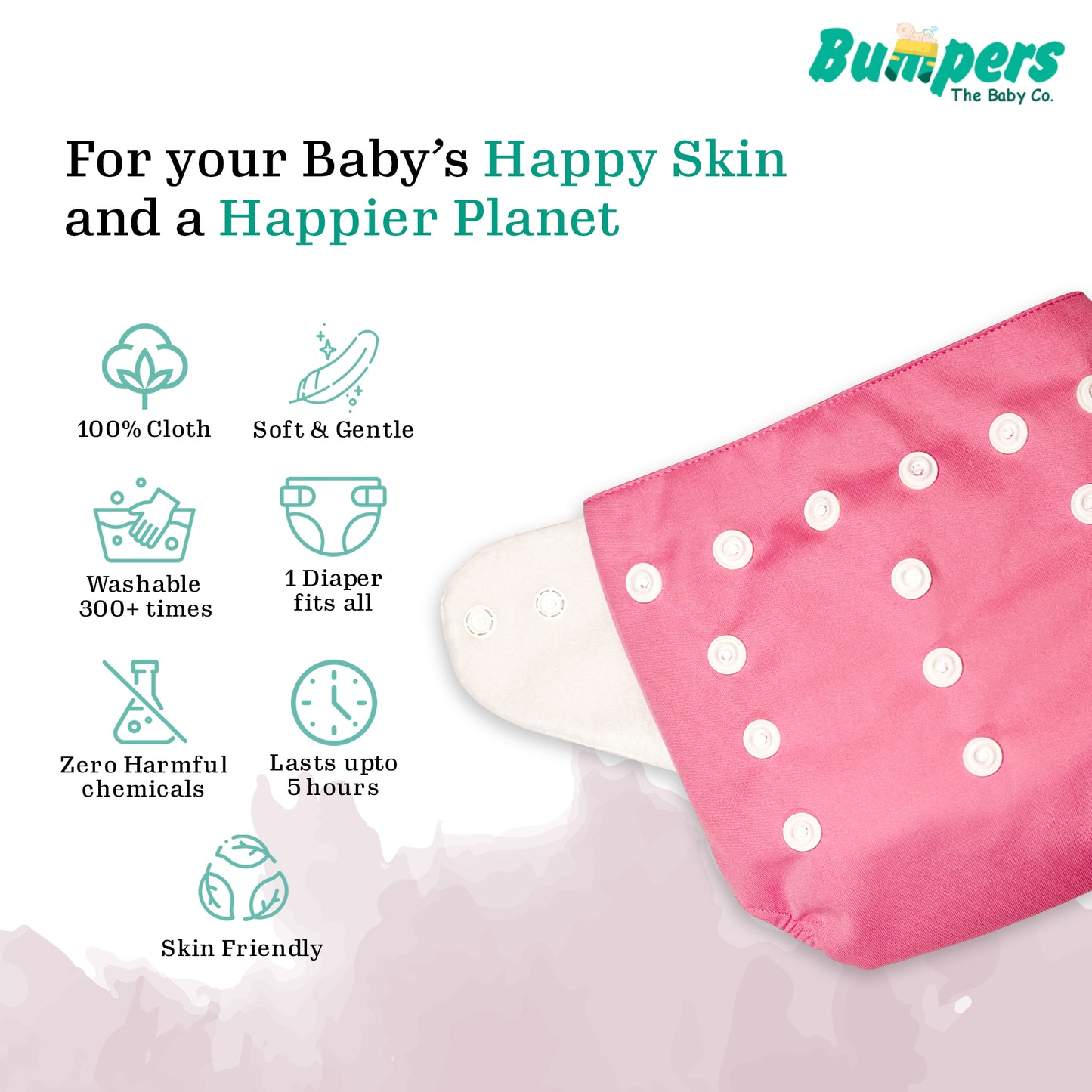 Baby Reusable Cloth Diaper with Insert Pad | Leak-Proof, Super Absorbent & Ultra Soft | Washable | Prevent Rashes | Free size | Pack of 1, Pink - Bumpers