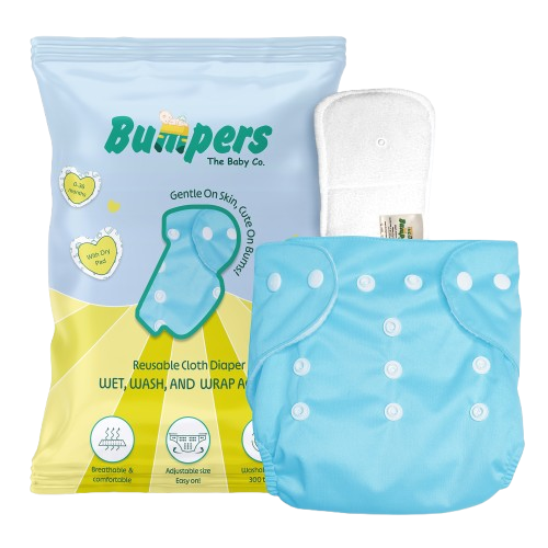 Bumper Baby Reusable Cloth Diaper with Insert Pad | Leak-Proof, Super Absorbent & Ultra Soft | Adjustable & Washable Cloth Diaper | Prevent Rashes | Free size 5-17Kg | (3M-3Y), Pack Of 1, Blue - Bumpers