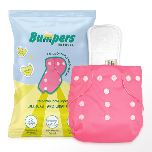 Baby Reusable Cloth Diaper with Insert Pad | Leak-Proof, Super Absorbent & Ultra Soft | Washable | Prevent Rashes | Free size | Pack of 1, Pink - Bumpers