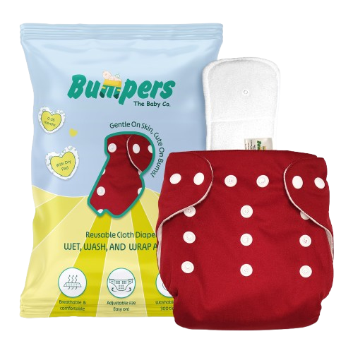 Bumper Baby Reusable Cloth Diaper with Insert Pad | Leak-Proof, Super Absorbent & Ultra Soft | Adjustable & Washable Cloth Diaper | Prevent Rashes | Freesize 5-17Kg | (3M-3Y), Pack Of 1, Red - Bumpers