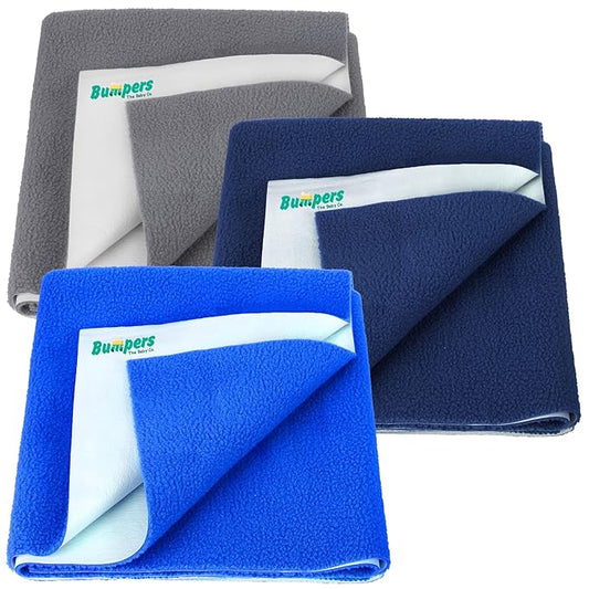 Bumpers Anti-Piling Quick Dry & Absorbent Sheet Polycotton Baby Bed Protecting Waterproof Mat (Royal Blue, Dark Blue, Grey, Small (70 x 50cm), Pack of 3) - Bumpers