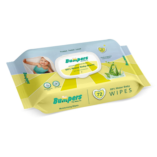 Bumpers Moisturising 99% Water Baby Wipes with Lid, Aloe Vera & Vitamin E | Extra Thick & Moist | Alcohol & Paraben free | pH balanced & Hypoallergenic | 72 Counts