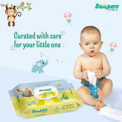 Bumpers Moisturising 99% Water Baby Wipes with Lid, Aloe Vera & Vitamin E | Extra Thick & Moist | Alcohol & Paraben free | pH balanced & Hypoallergenic | 72 Counts/Pack (Set of 10) (720 Wipes)