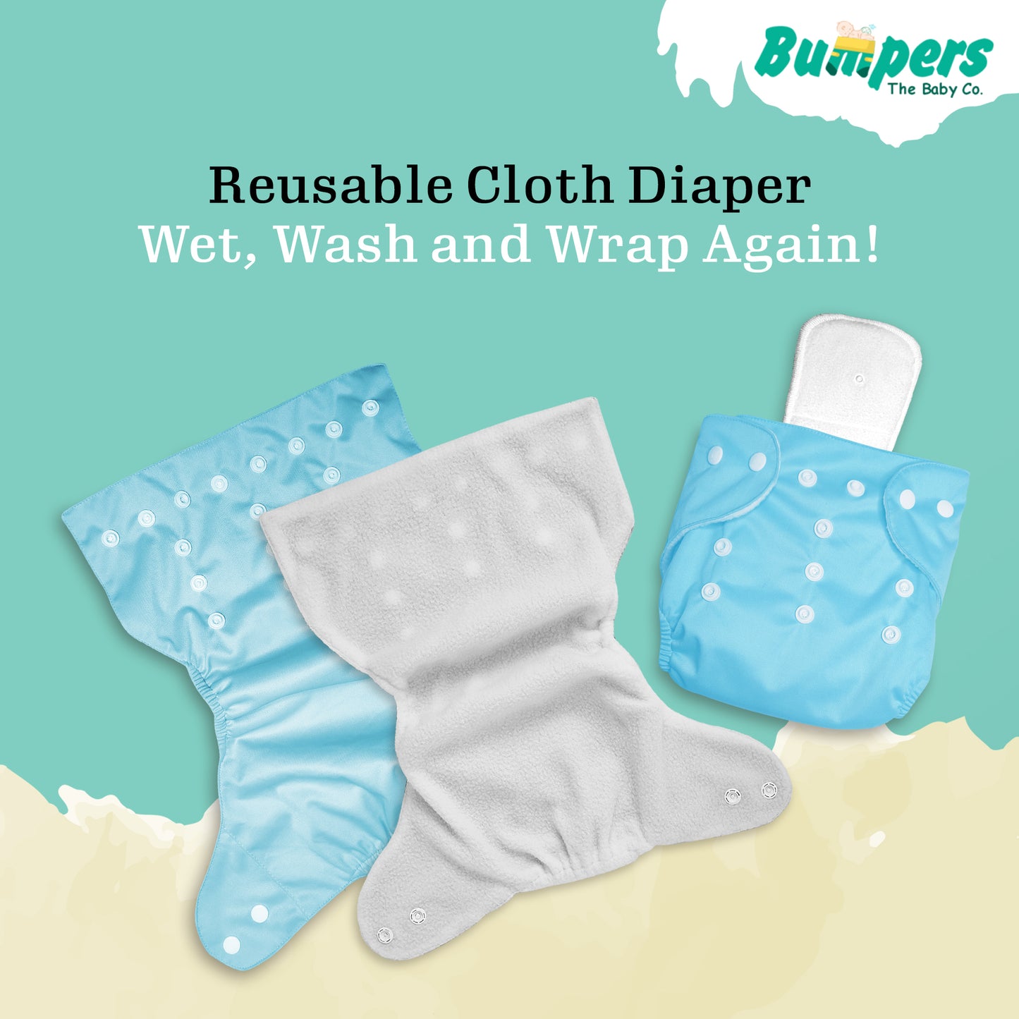 Bumper Baby Reusable Cloth Diaper with Insert Pad | Leak-Proof, Super Absorbent & Ultra Soft | Adjustable & Washable Cloth Diaper | Prevent Rashes | Free size 5-17Kg | (3M-3Y), Pack Of 1, Blue