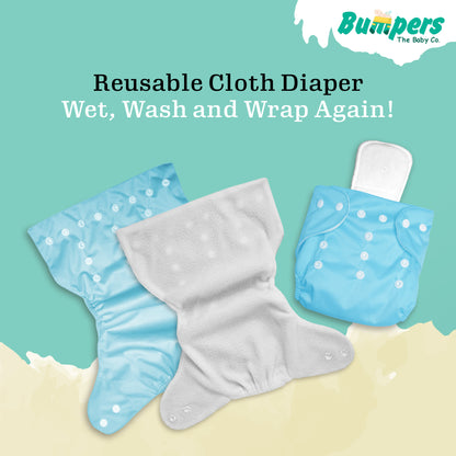 Bumper Baby Reusable Cloth Diaper with Insert Pad | Leak-Proof, Super Absorbent & Ultra Soft | Adjustable & Washable Cloth Diaper | Prevent Rashes | Free size 5-17Kg | (3M-3Y), Pack Of 1, Blue