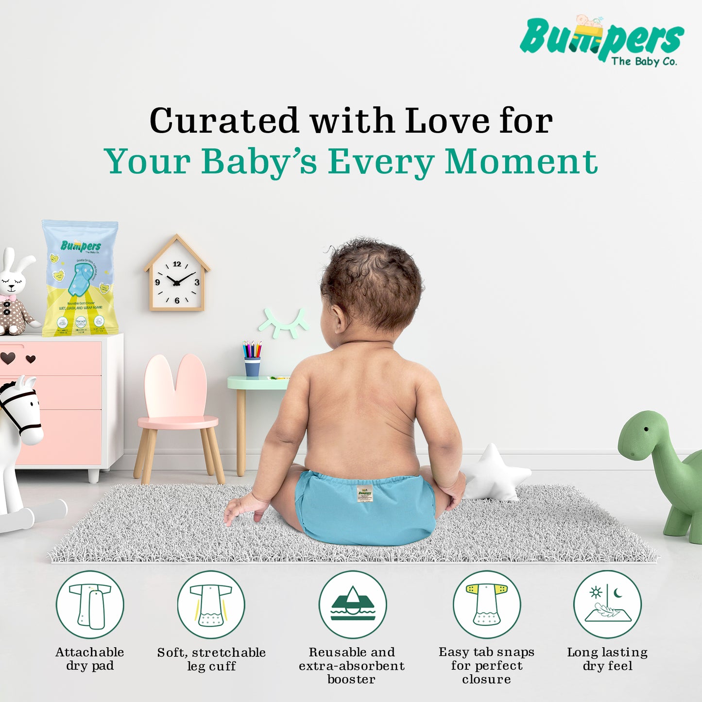 Bumper Baby Reusable Cloth Diaper with Insert Pad | Leak-Proof, Super Absorbent & Ultra Soft | Adjustable & Washable Cloth Diaper | Prevent Rashes | Free size 5-17Kg | (3M-3Y), Pack Of 1, Blue