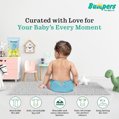 Bumper Baby Reusable Cloth Diaper with Insert Pad | Leak-Proof, Super Absorbent & Ultra Soft | Adjustable & Washable Cloth Diaper | Prevent Rashes | Free size 5-17Kg | (3M-3Y), Pack Of 1, Blue