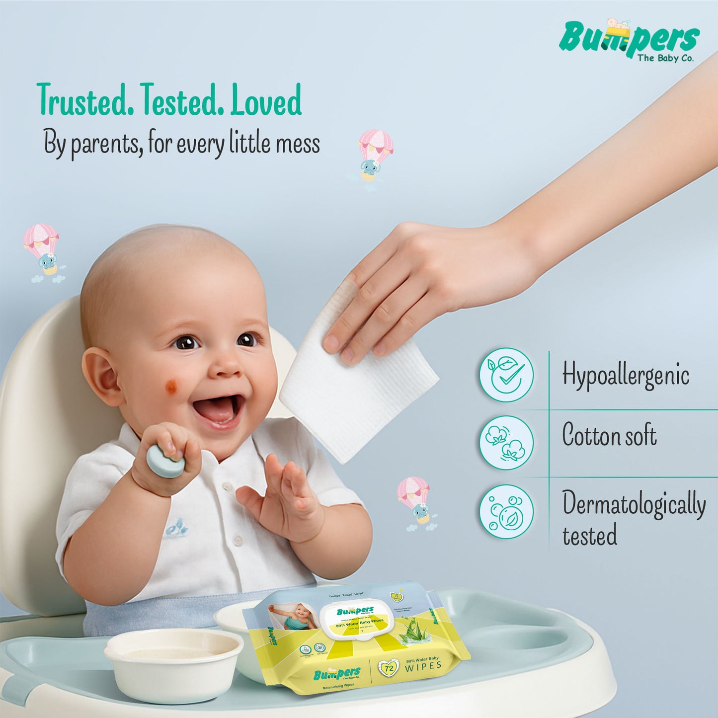 Bumpers Moisturising 99% Water Baby Wipes with Lid, Aloe Vera & Vitamin E | Extra Thick & Moist | Alcohol & Paraben free | pH balanced & Hypoallergenic | 72 Counts