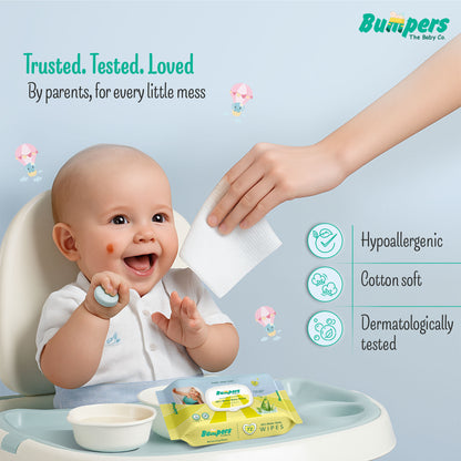 Bumpers Moisturising 99% Water Baby Wipes with Lid, Aloe Vera & Vitamin E | Extra Thick & Moist | Alcohol & Paraben free | pH balanced & Hypoallergenic | 72 Counts/Pack (Set of 2) (144 Wipes)