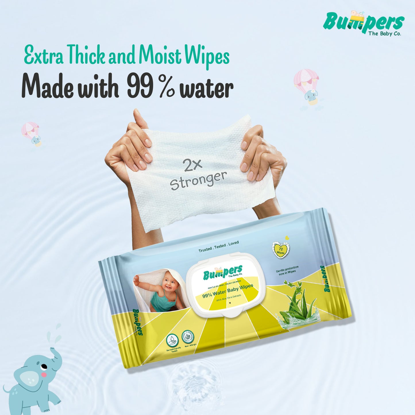 Bumpers Moisturising 99% Water Baby Wipes with Lid, Aloe Vera & Vitamin E | Extra Thick & Moist | Alcohol & Paraben free | pH balanced & Hypoallergenic | 72 Counts/Pack (Set of 10) (720 Wipes)