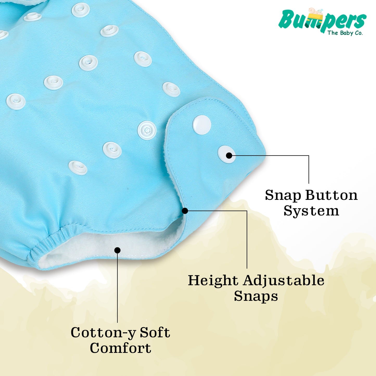 Bumper Baby Reusable Cloth Diaper with Insert Pad | Leak-Proof, Super Absorbent & Ultra Soft | Adjustable & Washable Cloth Diaper | Prevent Rashes | Free size 5-17Kg | (3M-3Y), Pack Of 1, Blue