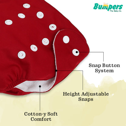 Bumper Baby Reusable Cloth Diaper with Insert Pad | Leak-Proof, Super Absorbent & Ultra Soft | Adjustable & Washable Cloth Diaper | Prevent Rashes | Freesize 5-17Kg | (3M-3Y), Pack Of 1, Red