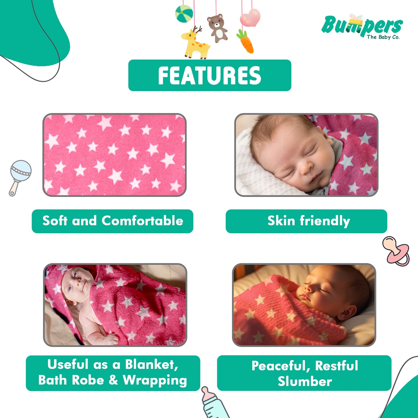 Bumpers Baby Fleece Blanket |.Pink, Pack of 1