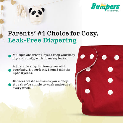 Bumper Baby Reusable Cloth Diaper with Insert Pad | Leak-Proof, Super Absorbent & Ultra Soft | Adjustable & Washable Cloth Diaper | Prevent Rashes | Freesize 5-17Kg | (3M-3Y), Pack Of 1, Red