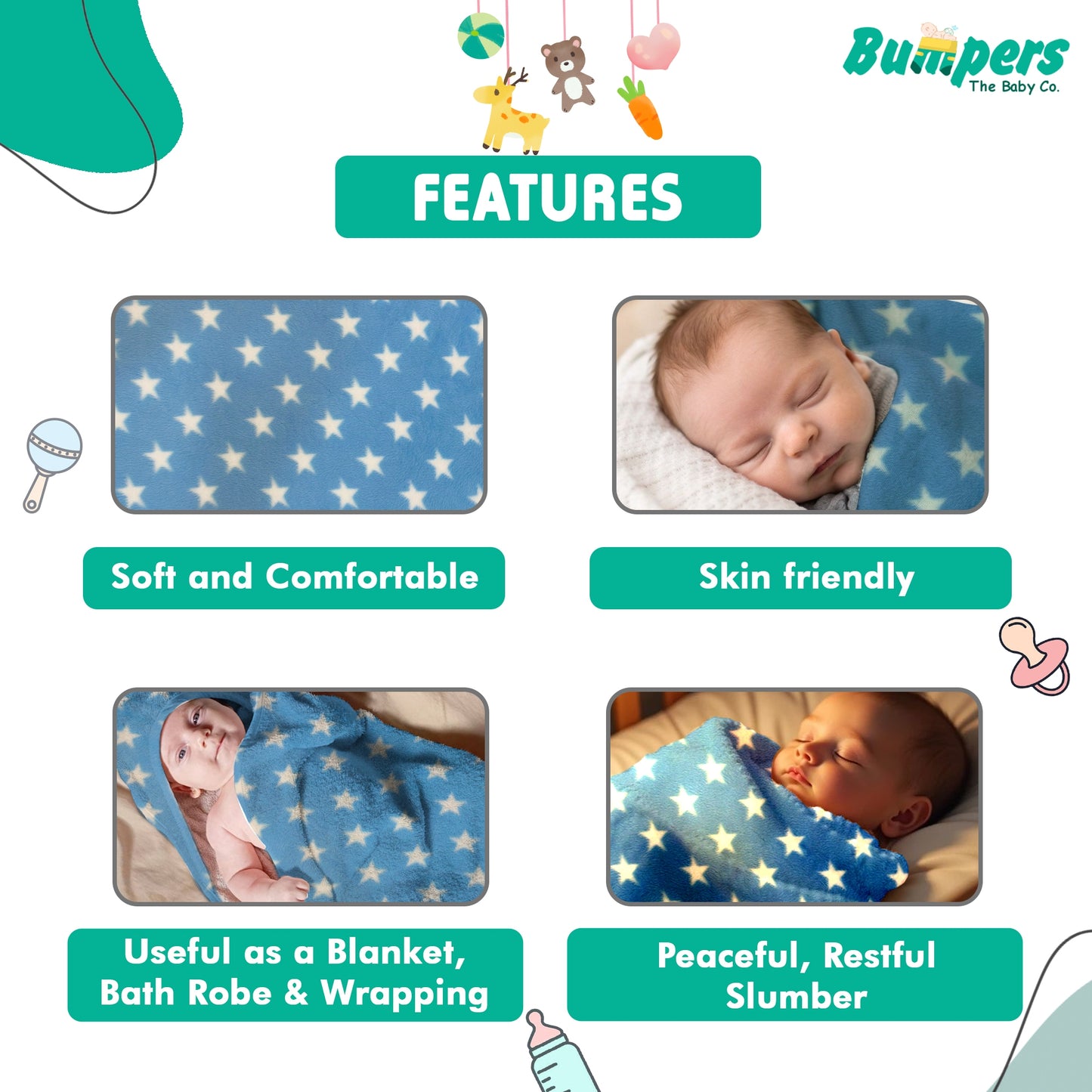 Bumpers Baby Fleece Blanket .Sky Blue, Pack of 1