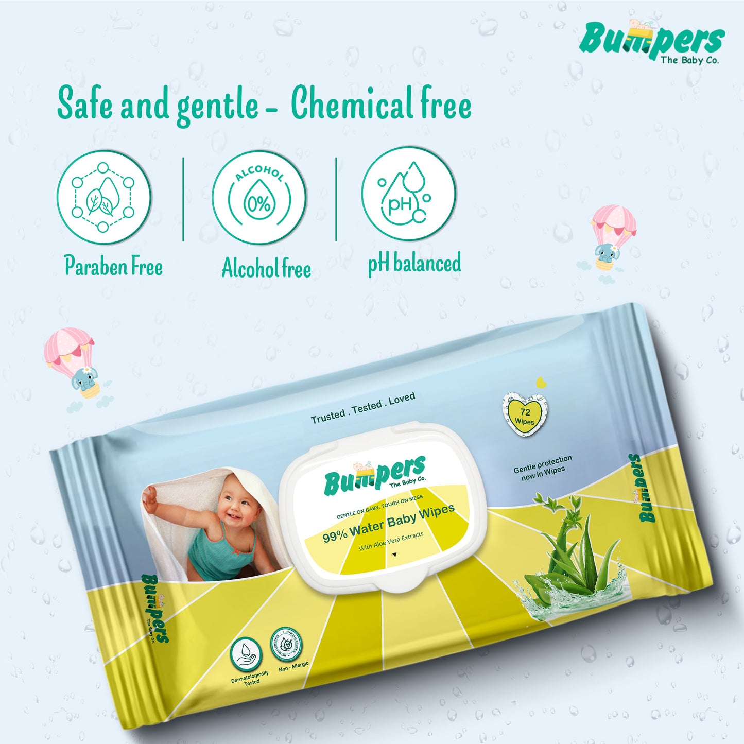 Bumpers Moisturising 99% Water Baby Wipes with Lid, Aloe Vera & Vitamin E | Extra Thick & Moist | Alcohol & Paraben free | pH balanced & Hypoallergenic | 72 Counts/Pack (Set of 3) (216 Wipes)
