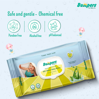 Bumpers Moisturising 99% Water Baby Wipes with Lid, Aloe Vera & Vitamin E | Extra Thick & Moist | Alcohol & Paraben free | pH balanced & Hypoallergenic | 72 Counts/Pack (Set of 2) (144 Wipes)