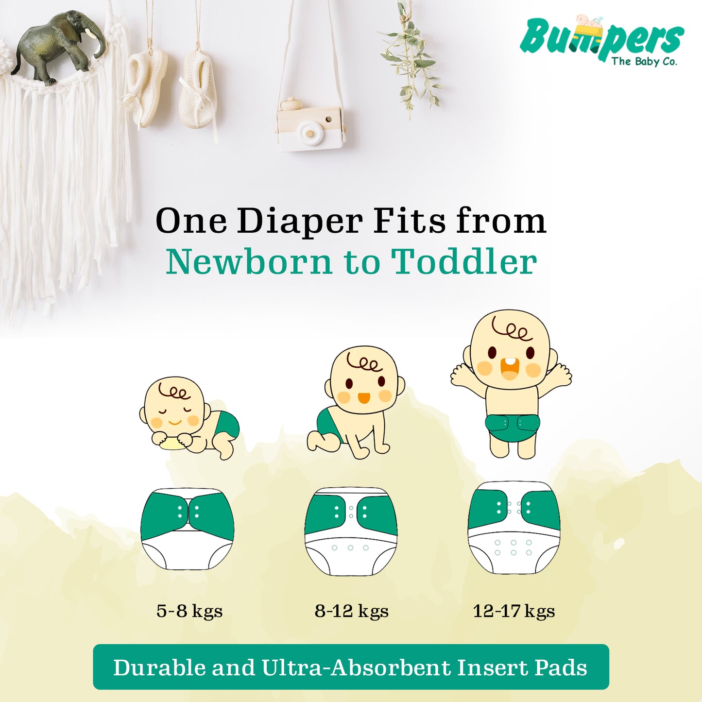 Bumper Baby Reusable Cloth Diaper with Insert Pad | Leak-Proof, Super Absorbent & Ultra Soft | Adjustable & Washable Cloth Diaper | Prevent Rashes | Free size 5-17Kg | (3M-3Y), Pack Of 1, Blue