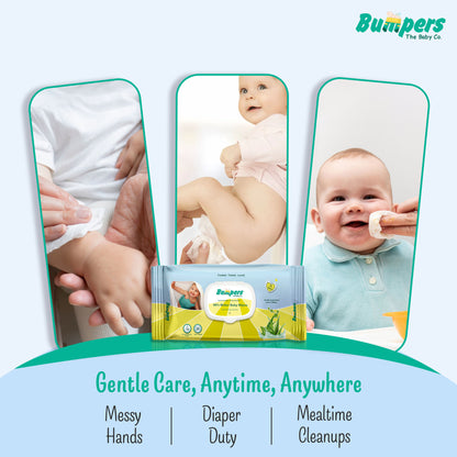 Bumpers Moisturising 99% Water Baby Wipes with Lid, Aloe Vera & Vitamin E | Extra Thick & Moist | Alcohol & Paraben free | pH balanced & Hypoallergenic | 72 Counts/Pack (Set of 2) (144 Wipes)