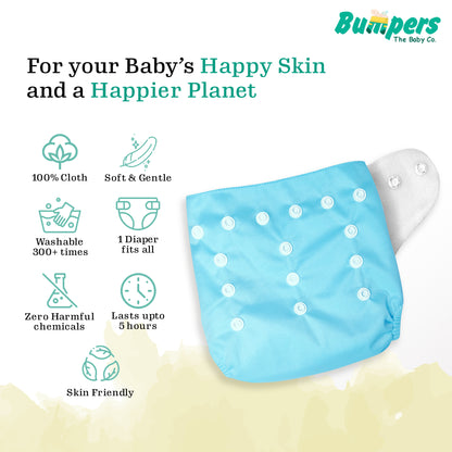 Bumper Baby Reusable Cloth Diaper with Insert Pad | Leak-Proof, Super Absorbent & Ultra Soft | Adjustable & Washable Cloth Diaper | Prevent Rashes | Free size 5-17Kg | (3M-3Y), Pack Of 1, Blue