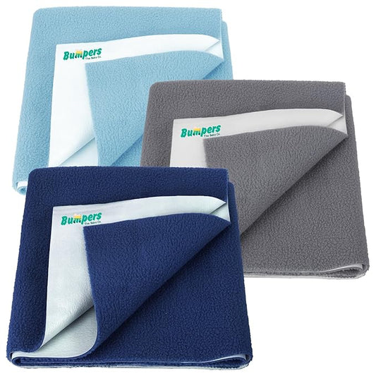 Bumpers Anti-Piling Quick Dry & Absorbent Sheet Polycotton Baby Bed Protecting Waterproof Mat (Royal Blue, Dark Blue, Grey, Small (70 x 50cm), Pack of 3)