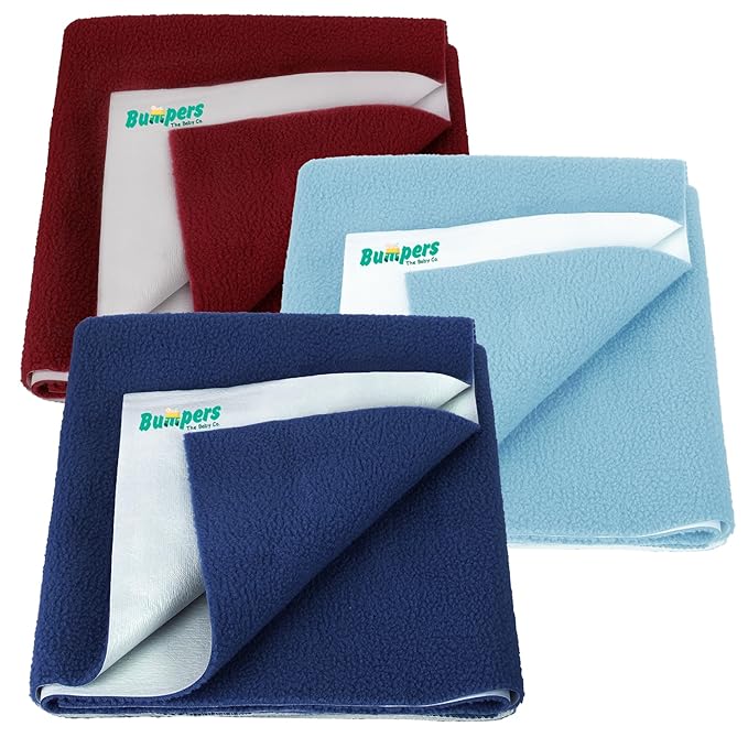 Bumpers Anti-Piling Quick Dry & Absorbent Sheet Polycotton Baby Bed Protecting Waterproof Mat (Royal Blue, Dark Blue, Grey, Small (70 x 50cm), Pack of 3)