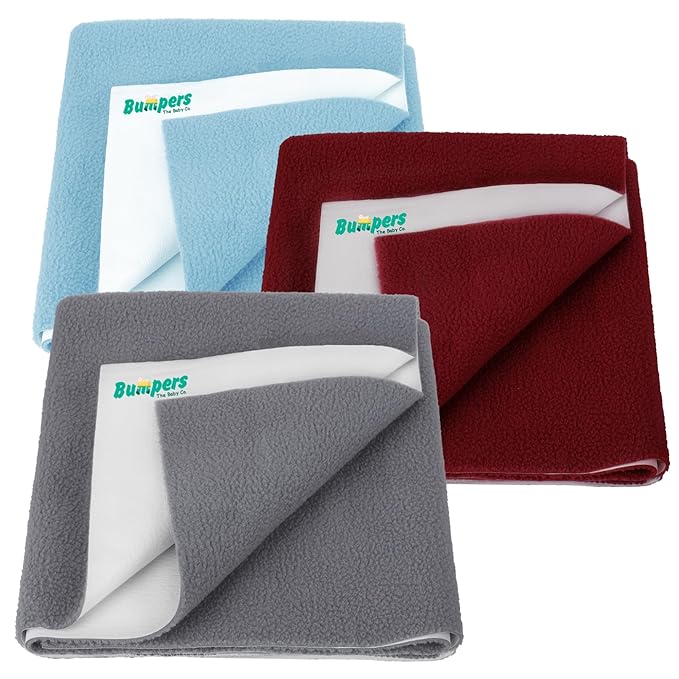Bumpers Anti-Piling Quick Dry & Absorbent Sheet Polycotton Baby Bed Protecting Waterproof Mat (Royal Blue, Dark Blue, Grey, Small (70 x 50cm), Pack of 3)