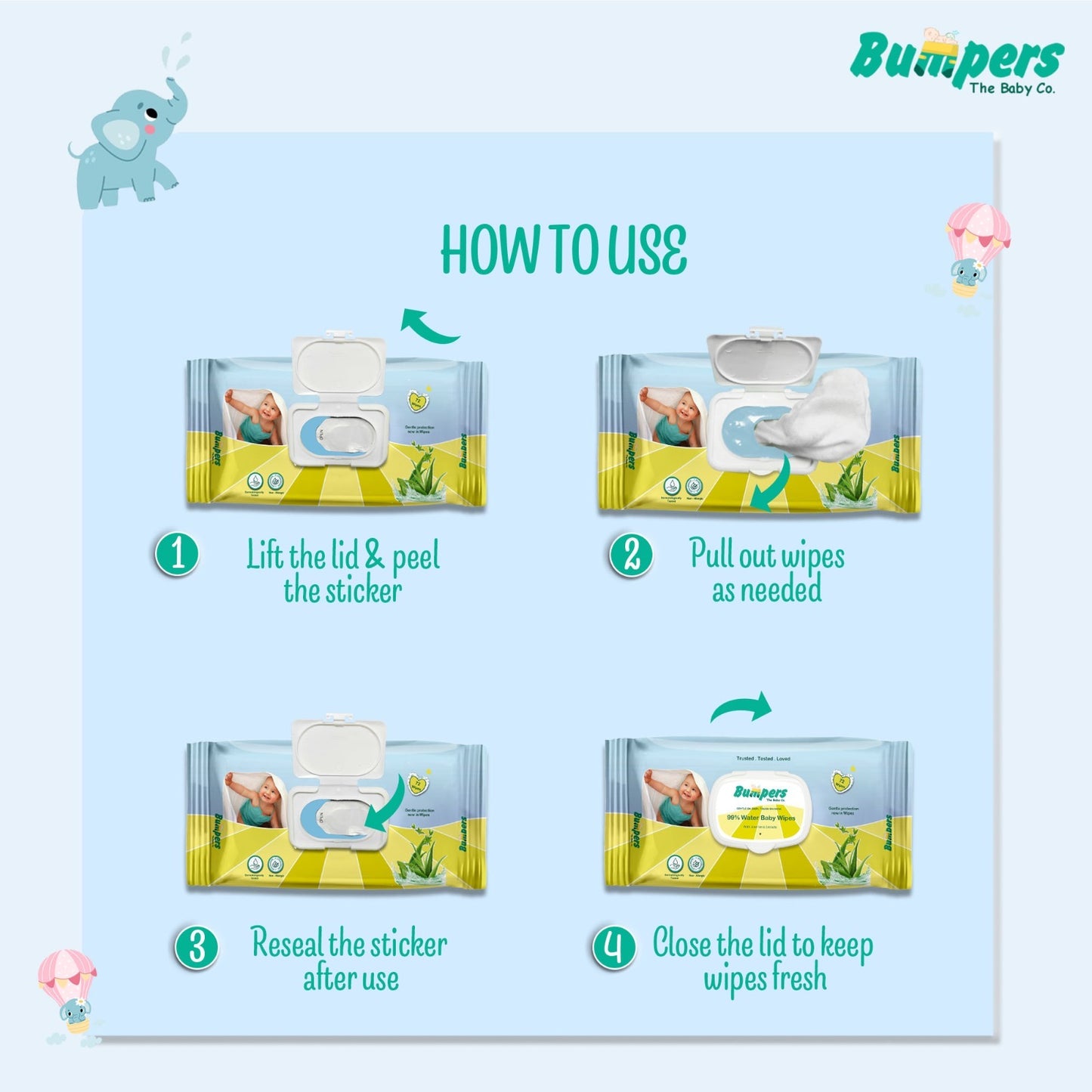 Bumpers Moisturising 99% Water Baby Wipes with Lid, Aloe Vera & Vitamin E | Extra Thick & Moist | Alcohol & Paraben free | pH balanced & Hypoallergenic | 72 Counts/Pack (Set of 8) (576 Wipes)